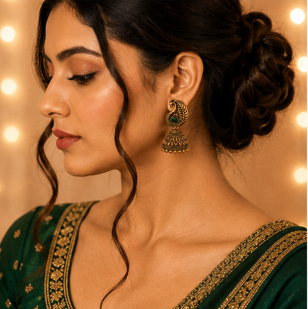 Antique Gold Peacock Jhumka with Green Stone