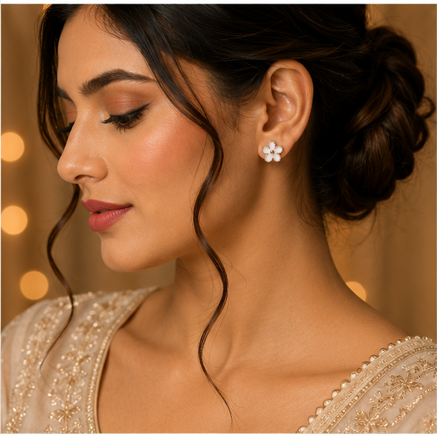 Rose Gold White Floral Stud Earrings