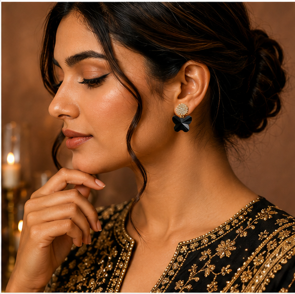 Gold Black Butterfly Crystal Earrings