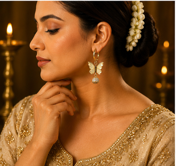 Gold Butterfly Charm Hoop Earrings with Crystal Ball Drop
