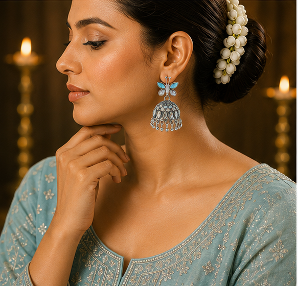 Oxidised Silver Blue Butterfly Stud Aurora Jhumka