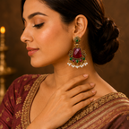 Antique Gold Ruby Red Stone Chandbali with Pearl Drops