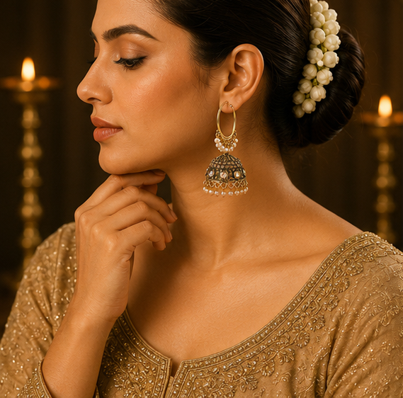 Antique Gold Hoop Jhumka with Aurora Stones & Pearl Fringe