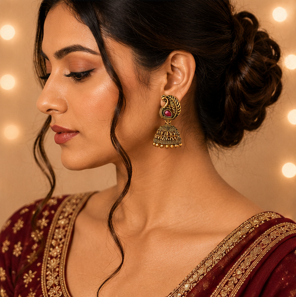 Antique Gold Peacock Jhumka with Ruby Stone