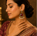 Antique Gold Ruby Red Stone Chandbali with Kundan & Pearls