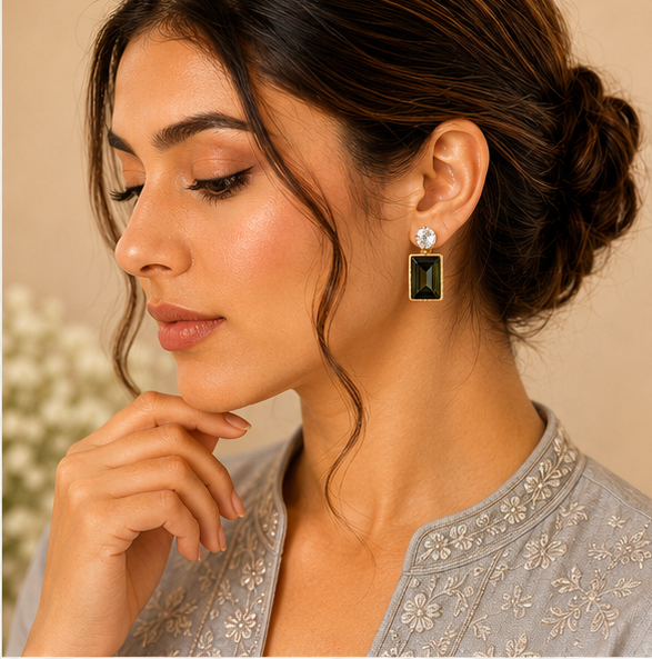 Gold Black Emerald Crystal Drop Earrings