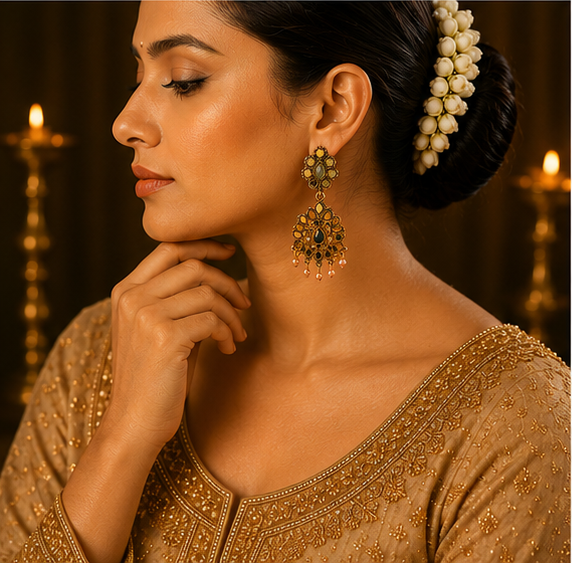 Antique Copper Navratna Multi-Stone Fan Drop Earrings