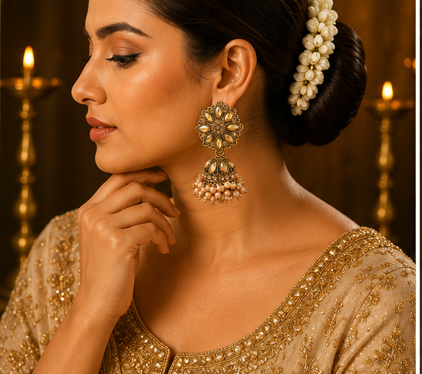 Antique Gold Aurora Crystal Flower Stud Jhumka with Pearls