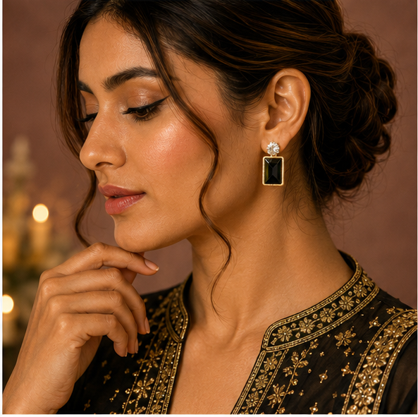 Gold Black Crystal Drop Earrings