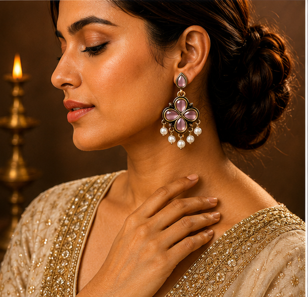 Antique Gold Lavender Clover Drop Earrings with Pearl Fringe