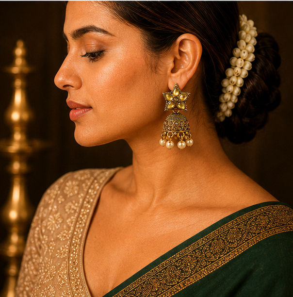 Antique Gold Star Stud Jhumka with Champagne Stones