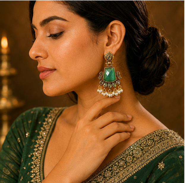 Antique Gold Mint Green Stone Chandbali with Pearl Drops