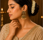 Antique Gold Champagne Crystal Peacock Fan Jhumka with Pearls