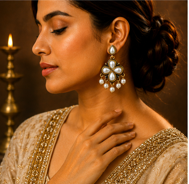 Antique Gold All-Pearl Clover Drop Earrings