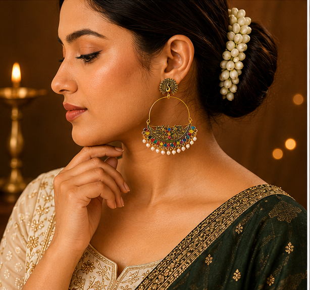 Antique Gold Peacock Chandbali Hoop with Multicolour Stones & Pearls
