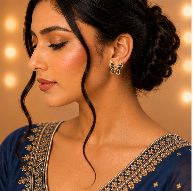 Blue Crystal Butterfly Stud Earrings