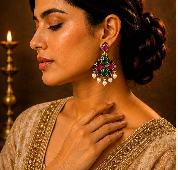 Antique Gold Ruby & Green Clover Drop Earrings with Pearls