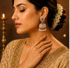 Antique Gold Pearl-Encrusted Jhumka with Green Stone Stud