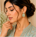 Gold Mint Heart Rectangle Drop Earrings