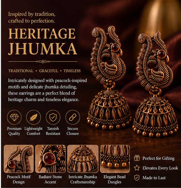 Oxidised Copper Peacock Jhumka with Red Stone