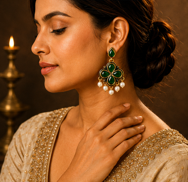 Antique Gold Deep Green Clover Drop Earrings with Pearl Fringe
