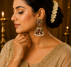 Antique Gold Kundan & Multi-Stone Round Stud Jhumka with Pearls