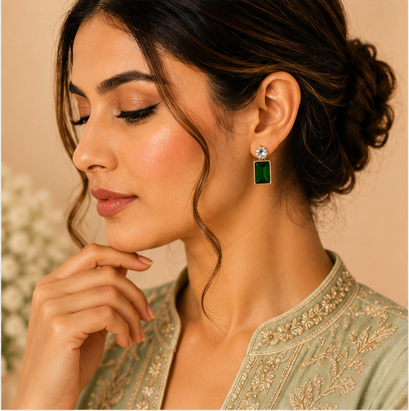 Gold Emerald Green Crystal Drop Earrings