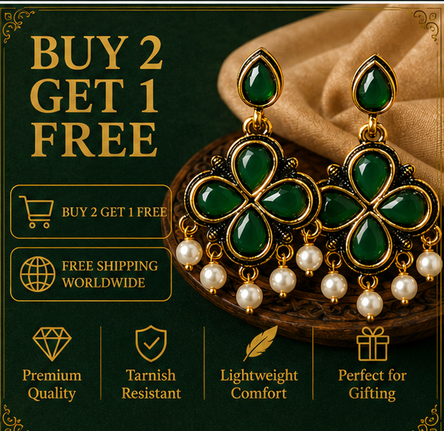 Antique Gold Deep Green Clover Drop Earrings with Pearl Fringe