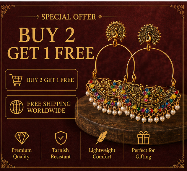 Antique Gold Peacock Chandbali Hoop with Multicolour Stones & Pearls