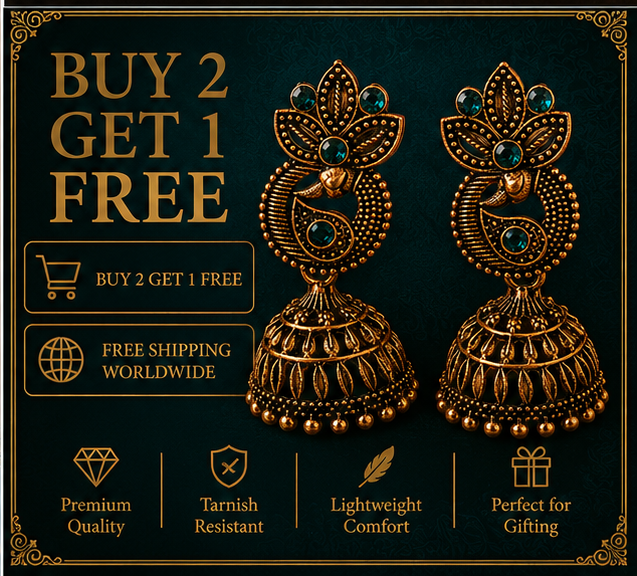 Antique Gold Paisley Peacock Jhumka – Green Stone