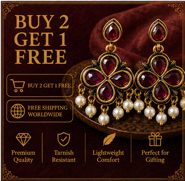Antique Gold Ruby Clover Drop Earrings with Pearl Fringe