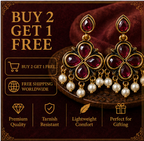 Antique Gold Ruby Clover Drop Earrings with Pearl Fringe