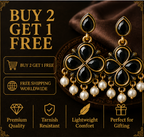 Antique Gold Black Stone Clover Drop Earrings with Pearl Fringe