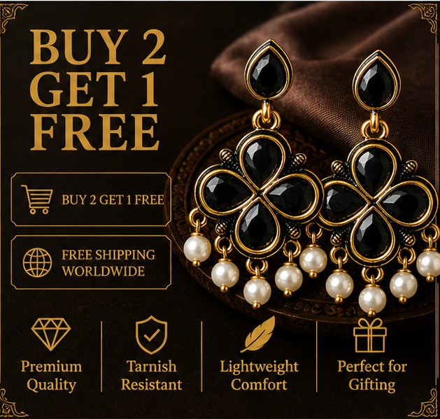 Antique Gold Black Stone Clover Drop Earrings with Pearl Fringe