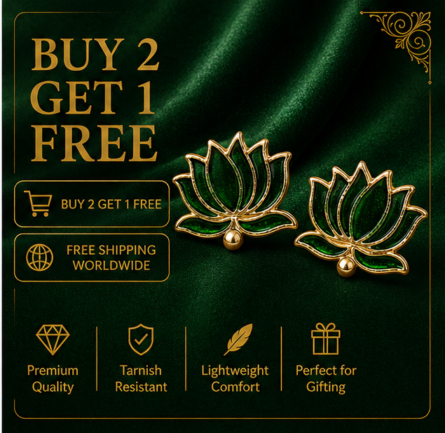 Green Glitter Enamel Lotus Stud Earrings