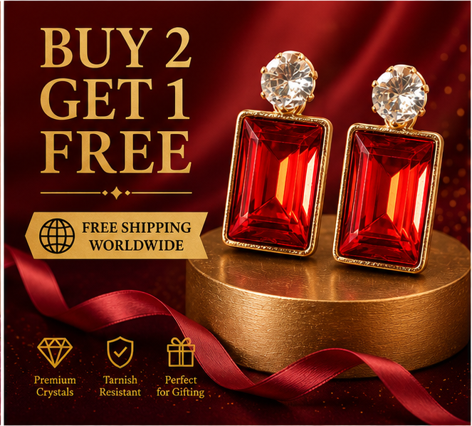 Gold Ruby Red Crystal Drop Earrings