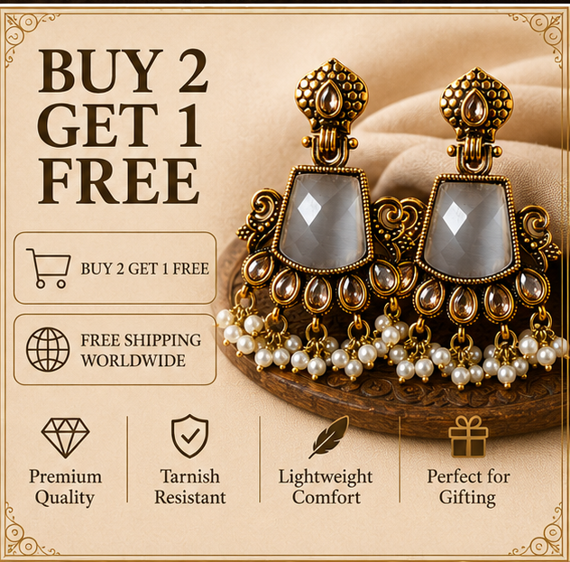 Antique Gold Grey Stone Chandbali with Kundan & Pearl Drops
