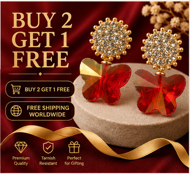 Gold Ruby Butterfly Crystal Earrings