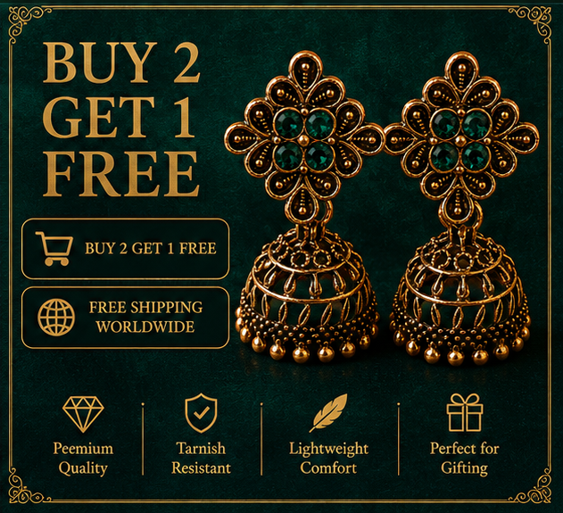 Antique Gold Flower Stud Cage Jhumka – Green Stone