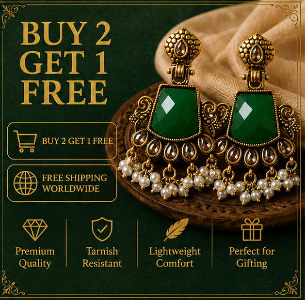 Antique Gold Emerald Green Stone Chandbali with Kundan & Pearl Drops