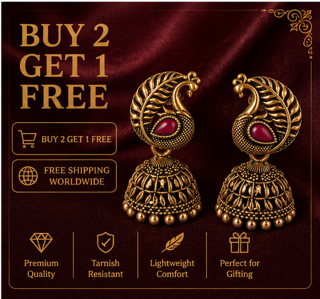 Antique Gold Peacock Jhumka with Ruby Stone