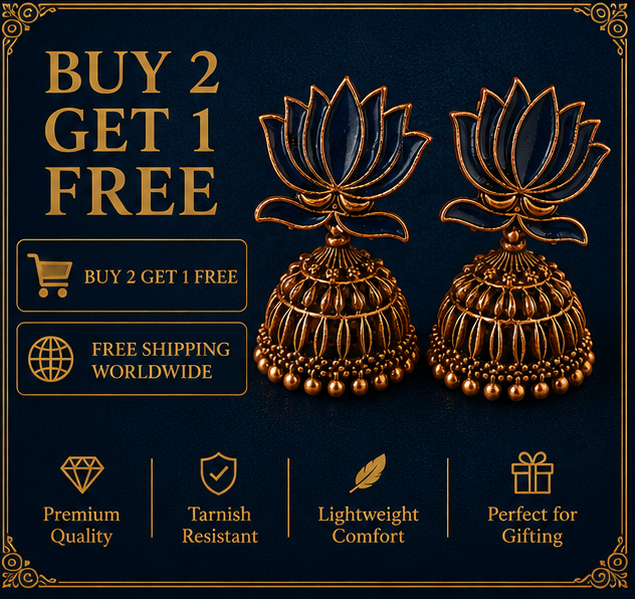 Navy Blue Enamel Lotus Jhumka Earrings