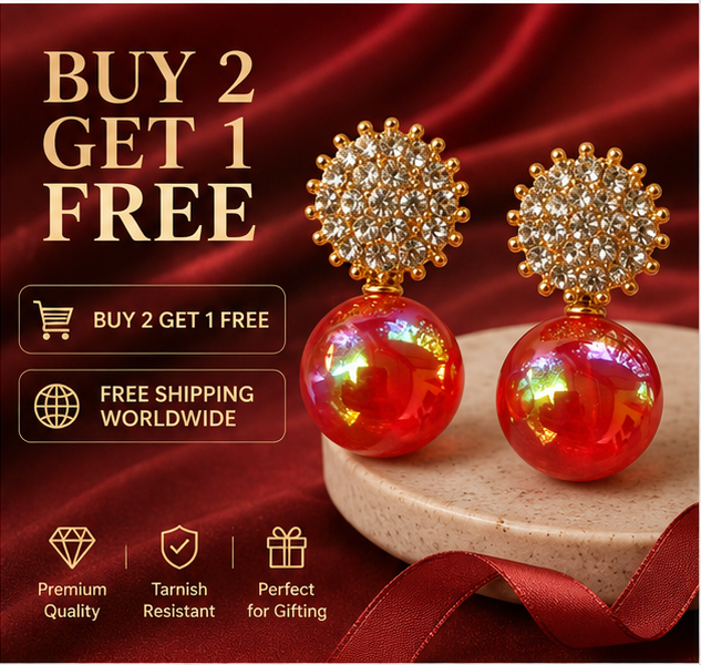 Gold Ruby Red Pearl Drop Earrings