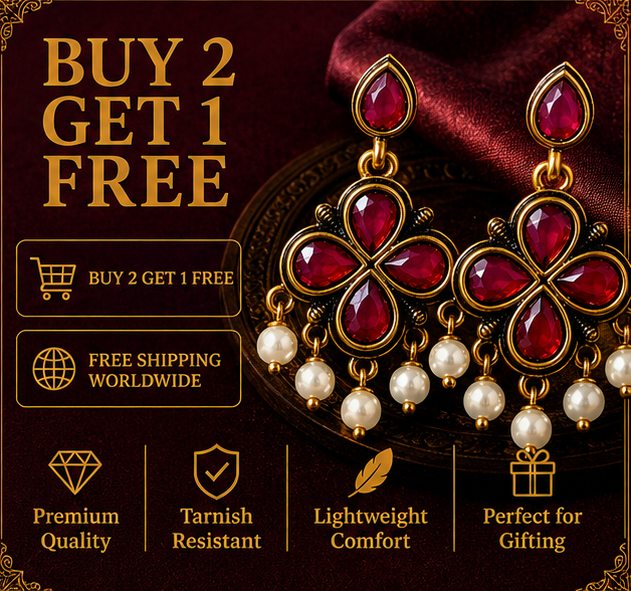 Antique Gold Deep Ruby Clover Drop Earrings with Pearl Fringe