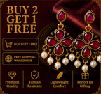 Antique Gold Deep Ruby Clover Drop Earrings with Pearl Fringe