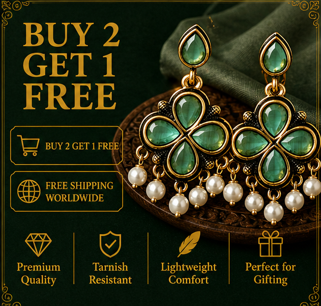 Antique Gold Mint Green Clover Drop Earrings with Pearl Fringe