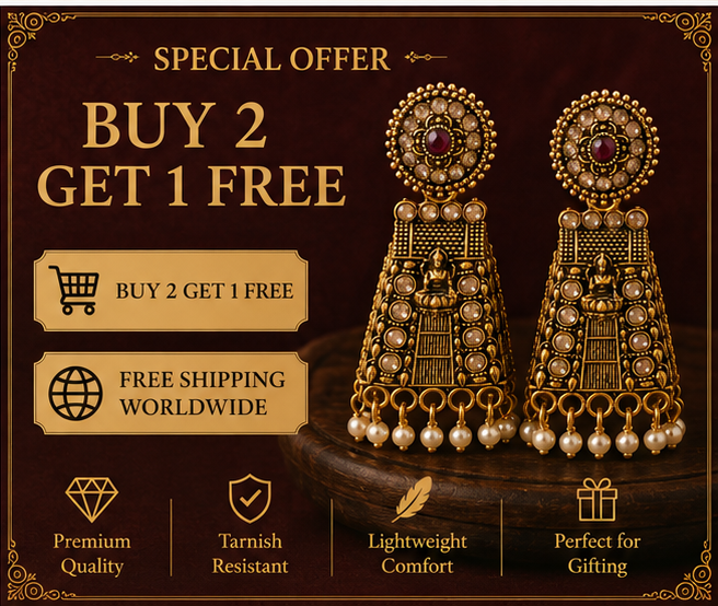 Antique Gold Temple Deity Bell-Shaped Jhumka with Pearls
