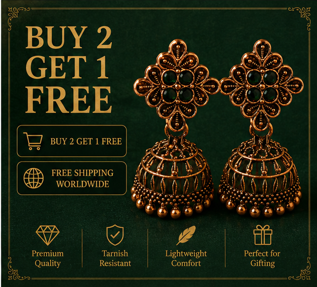 Copper Flower Stud Cage Jhumka – Green Stone