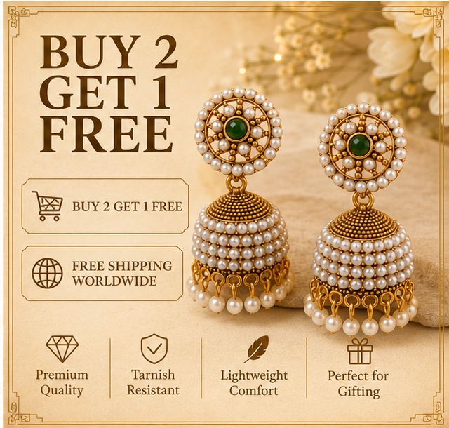 Antique Gold Pearl-Encrusted Jhumka with Green Stone Stud