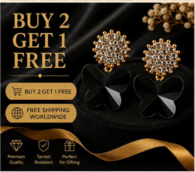 Gold Black Butterfly Crystal Earrings